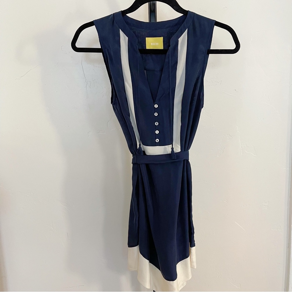 Maeve Navy and White Sleeveless Belted Dress